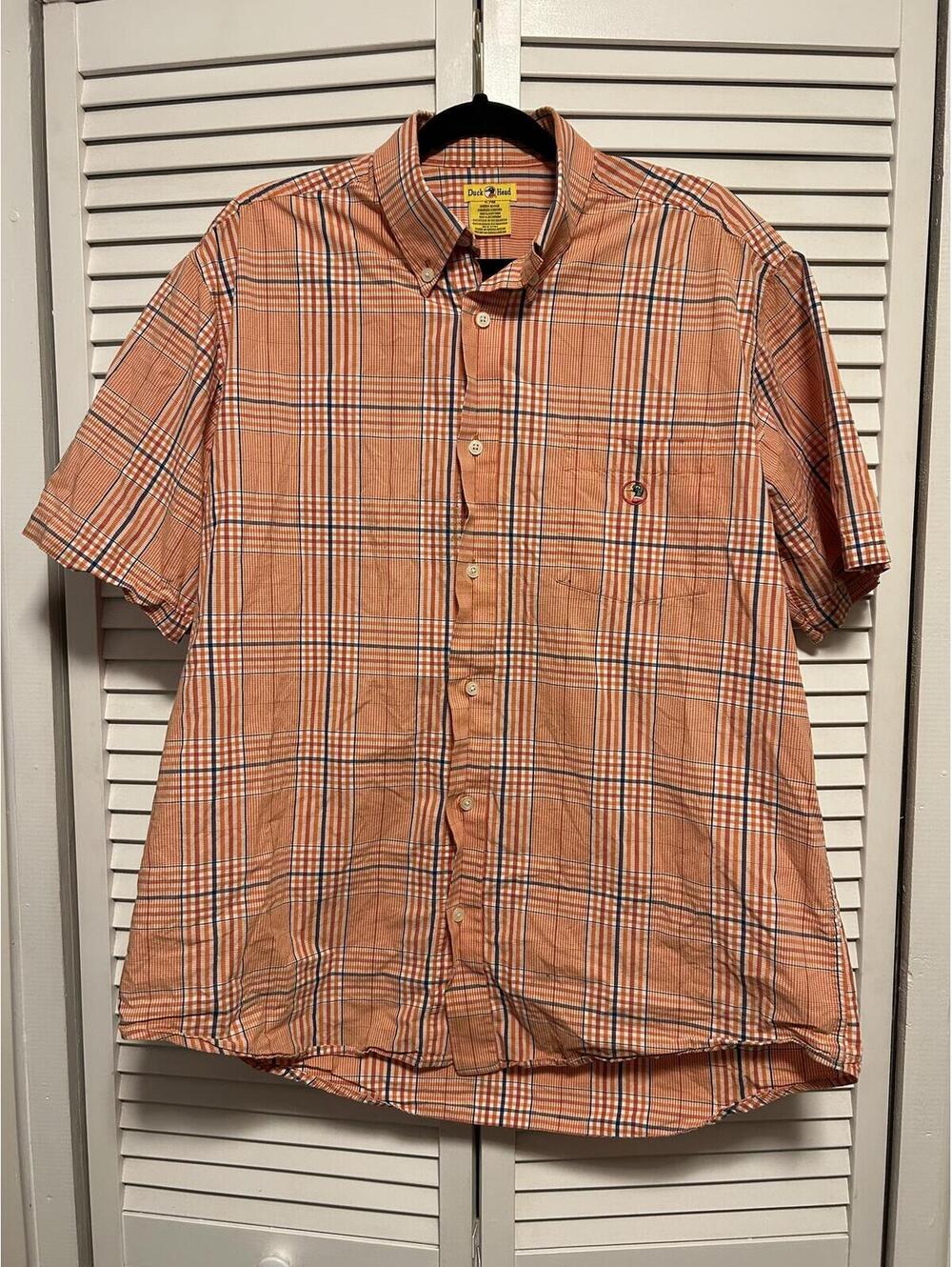 Duck Head Plaid Button Down Shirt Mens L Orange Short Sleeve Cotton